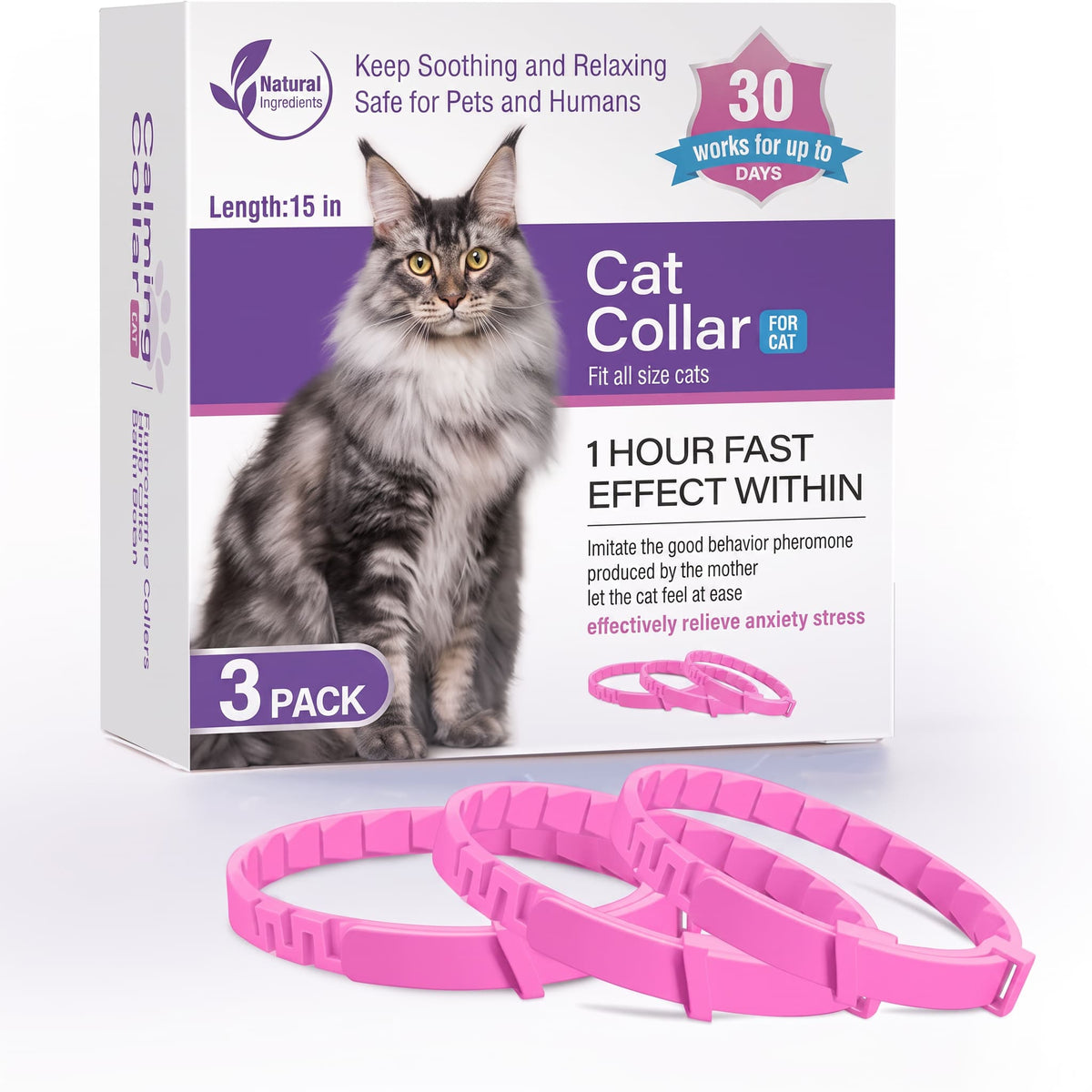 A 3-pack of pink calming cat collars displayed in front of their retail packaging box. The box is white and purple with an image of a grey tabby cat and text highlighting 'Cat Collar FOR CAT' and '3 PACK'.