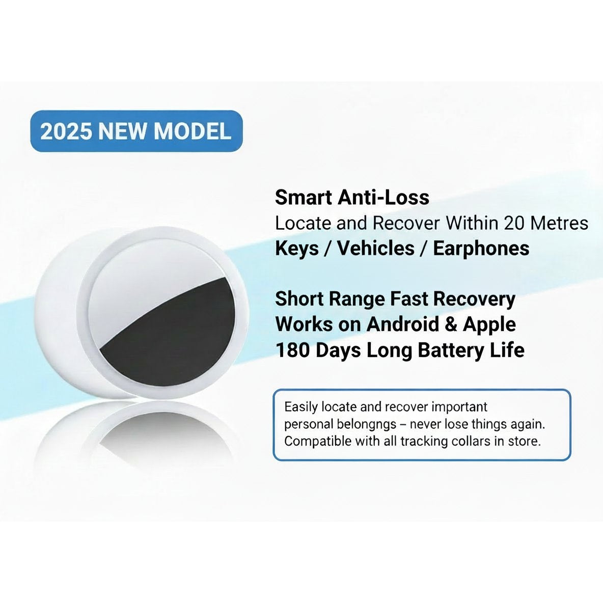 Smart anti-loss device with features listed on a white background