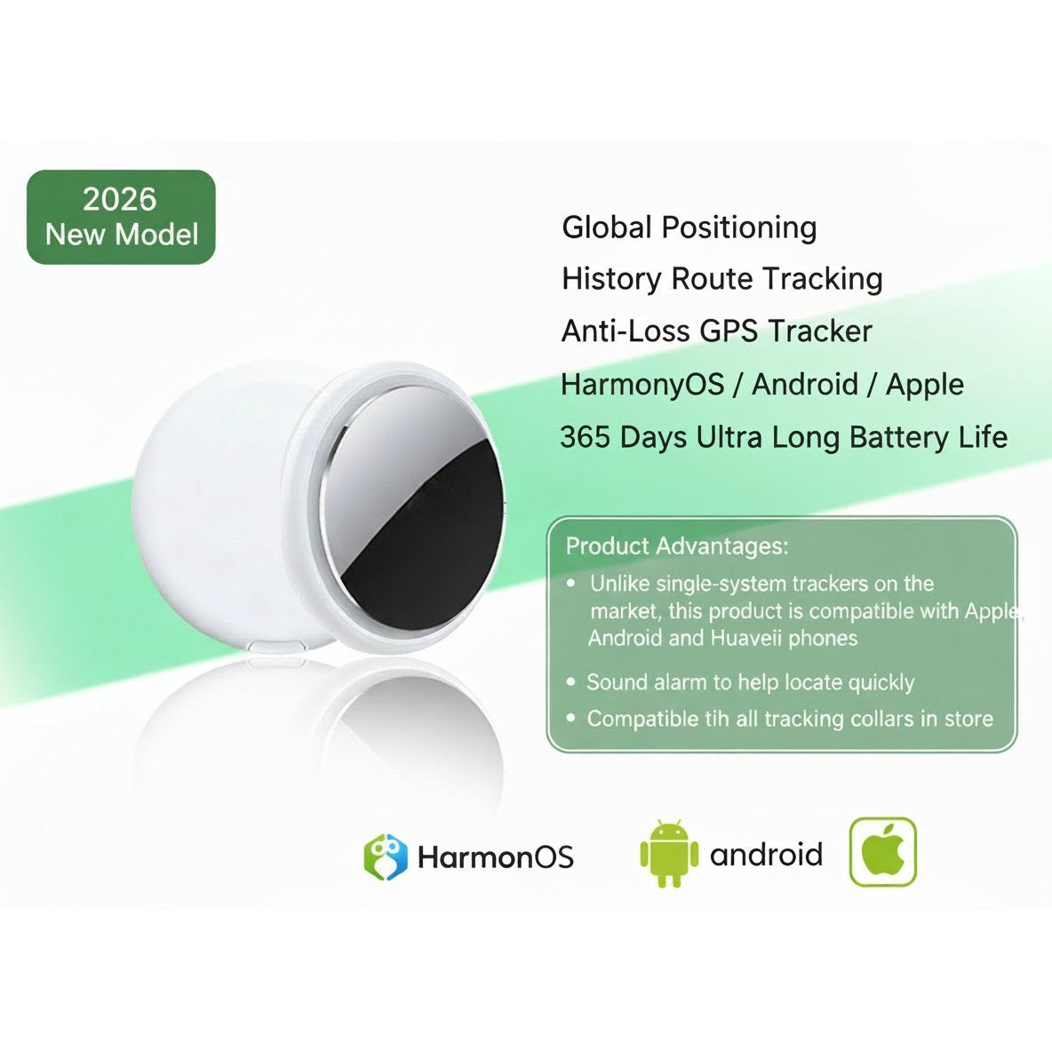 GPS tracker with features listed on a white background