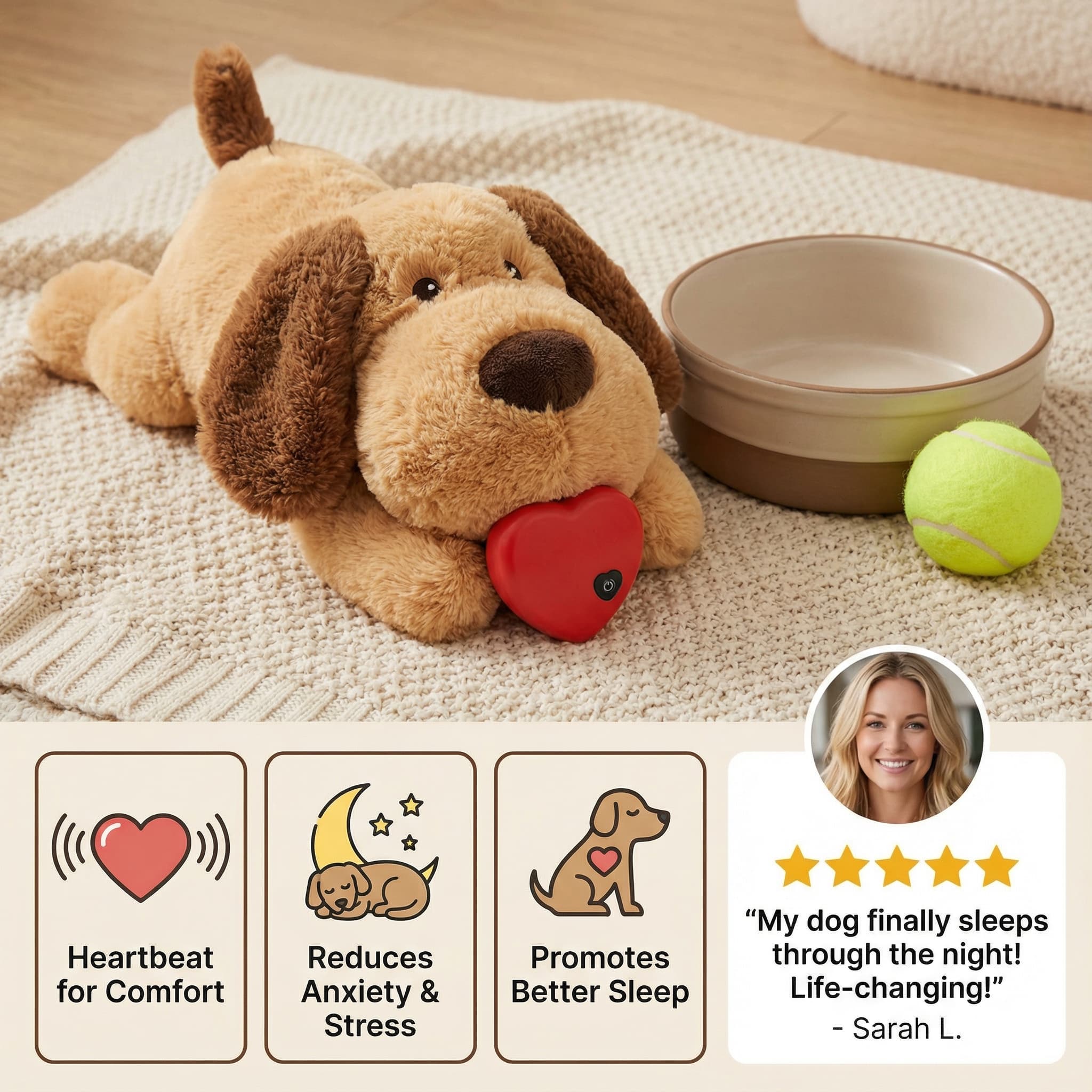 Plush dog toy with heartbeats feature on a blanket with a bowl and ball, featuring product benefits and customer review.