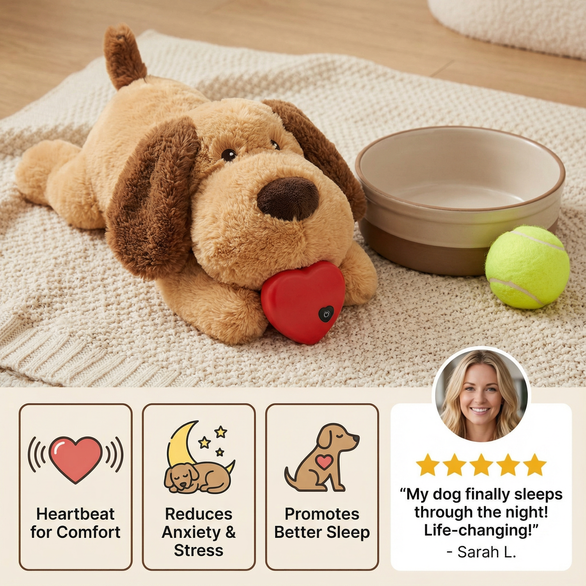 Plush dog toy with heartbeats feature on a blanket with a bowl and ball, featuring product benefits and customer review.
