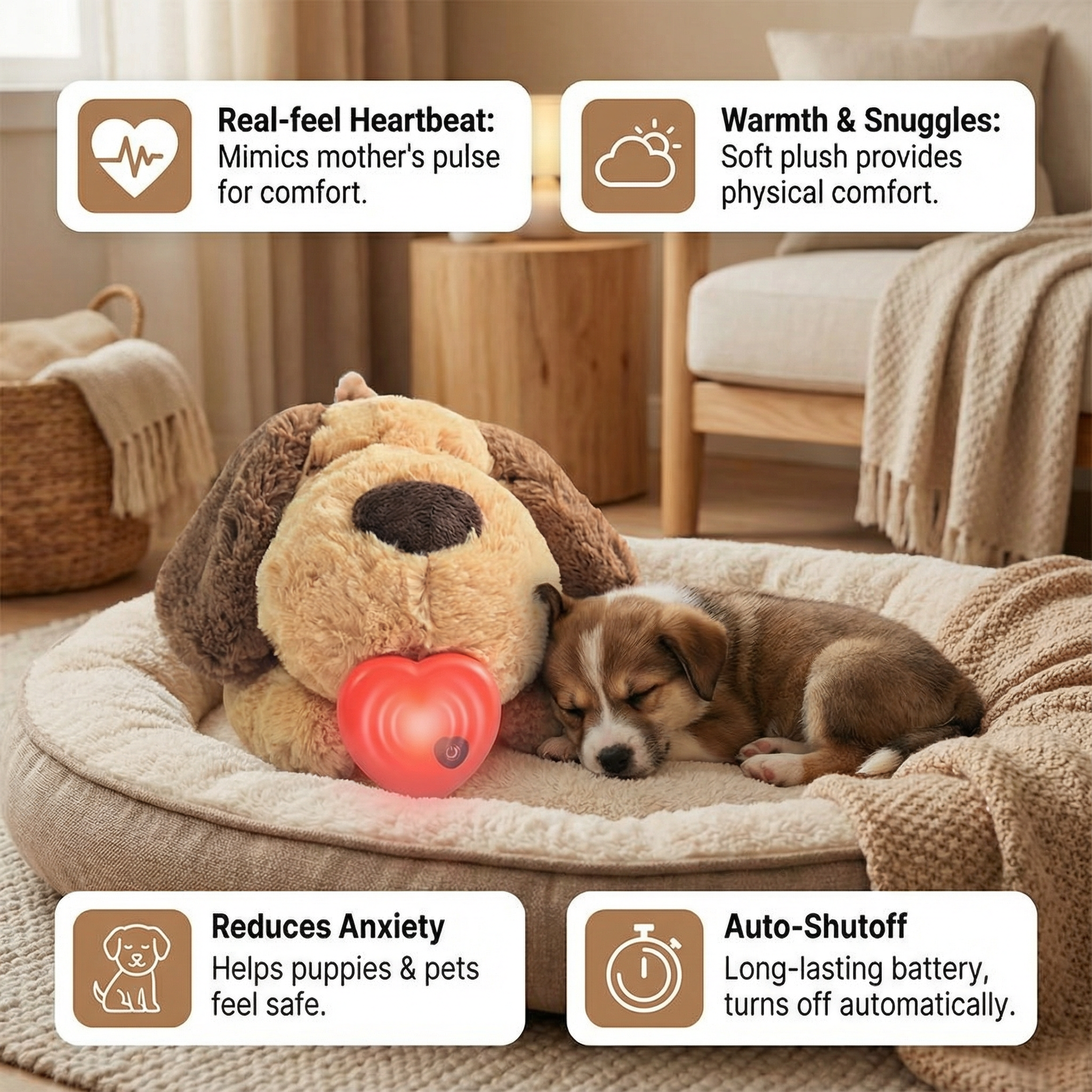 Dog lying on a plush pet bed with heart-shaped light, surrounded by cozy home decor.