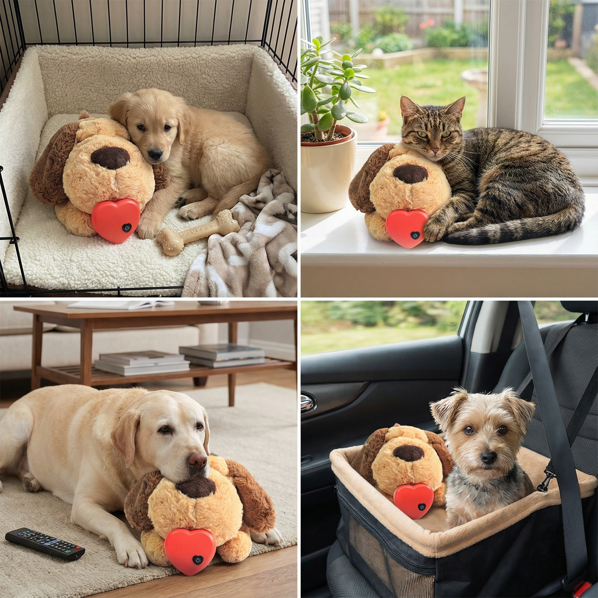 Collage of dogs and cats playing with a plush toy in various settings.