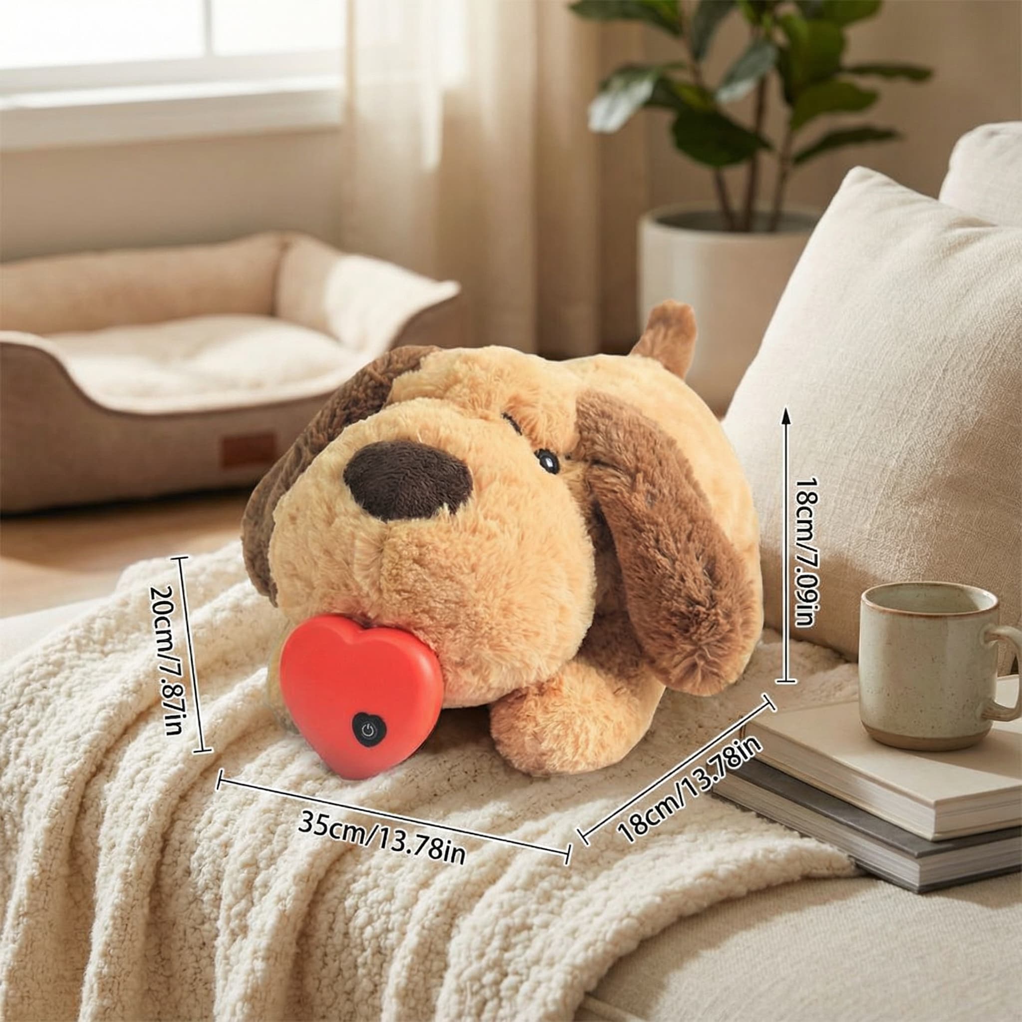 Plush dog toy with measurements on a couch next to a cup and books