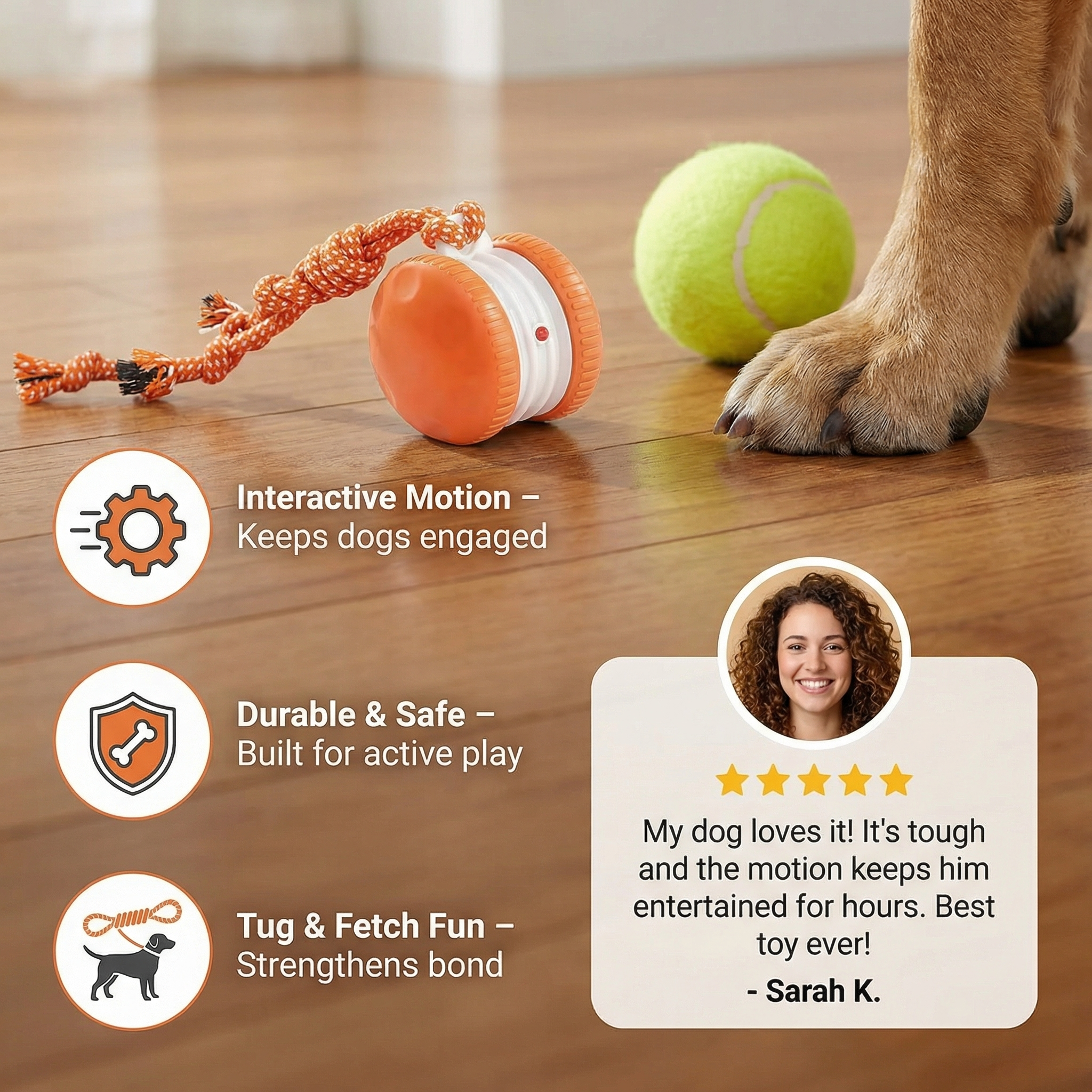 Dog toy with interactive motion on a wooden floor, featuring a dog's paw and a tennis ball.